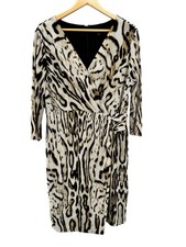 Tahari Mock Wrap Dress Stretch Career Church Animal Print Black Cream Plus 16