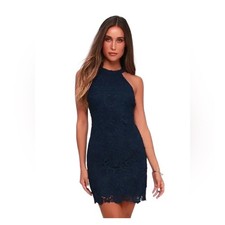 Lulus Women's Love Poem Navy Blue Lace Mini Sleeveless Halter Dress XS