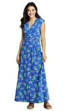 Lands End Maxi dress sz L  Cap Sleeve Surplice Wrap -Blue Birds of Paradise
