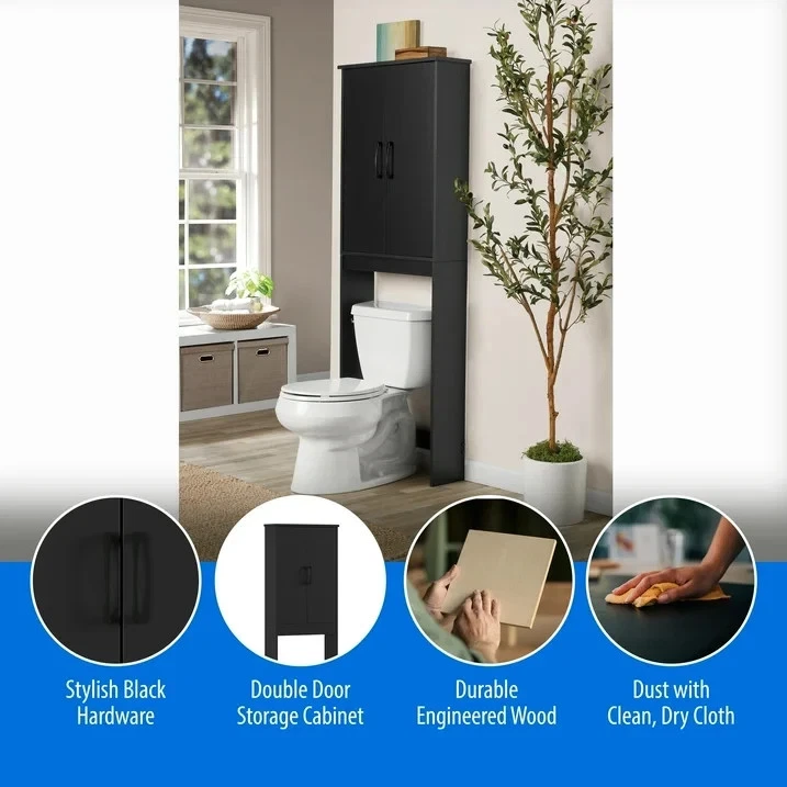 Mueble de baño con estantes acabado negro para ahorrar espacio sobre el inodoro Foto 3 de 4