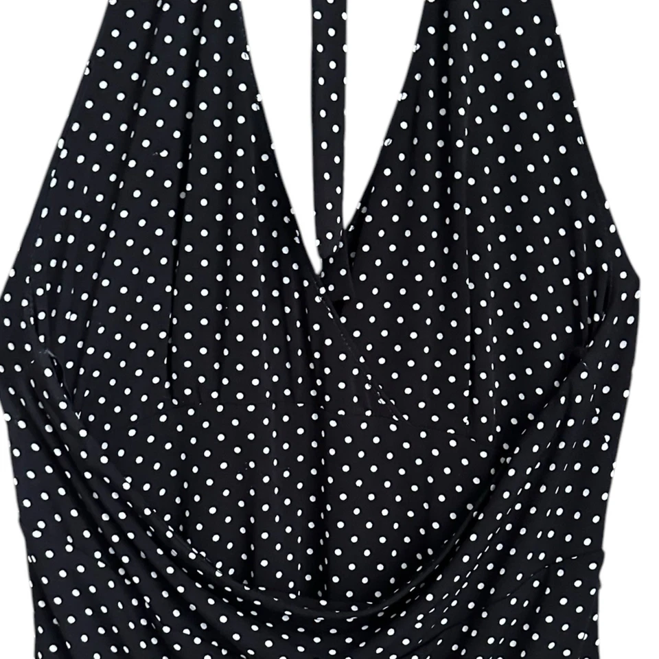 Vestido halter Eliza J para mujer 14 negro blanco lunares elástico fruncido adelgazante Y2K Foto 4 de 4