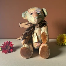 Vintage Handmade 13” Teddy Bear Fully Jointed Heavy Fabric Bow Quilted Patchwork