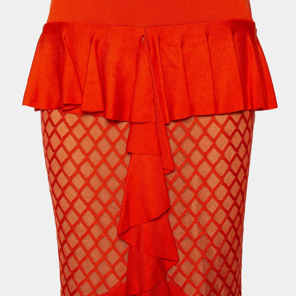 Balmain Orange Knit Ruffled Midi Skirt M image 4