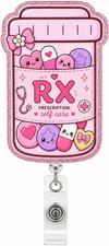 Pink RX Funny Nurse Glitter Badge Reel, Retractable ID Card Badge Holders, Self