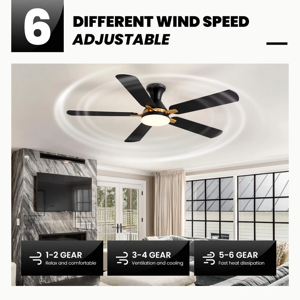 52" Modern Ceiling Fans with Lights and Remote Control/APP 5 Blades Black Low... - Image 2 of 4