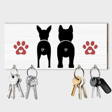 Dog Wooden Key Holder Wall Mount Paw Print Leash Hanger 4 Hooks Rustic