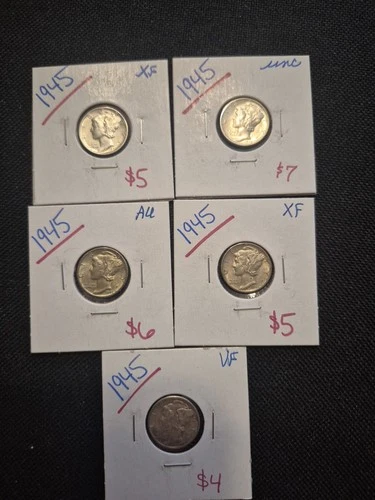 5 Beautiful VF-UNC 1945 Silver Mercury Dimes