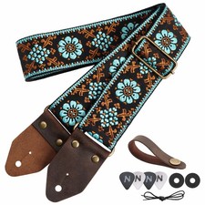 Nefelibata Guitar Strap,Jacquard 37" to 65", H -blue Flower Embroidery