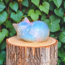 Spiritual Opalite Stone Cat Hand Carved Gemstone Healing Feng Shui Crystal Decor