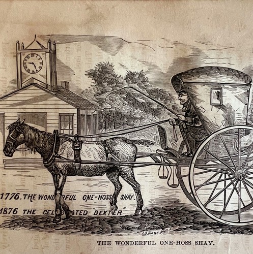 One Hoss Horse Shay 1876 Worlds Fair Centennial Expo Victorian Engraving DWAA3A