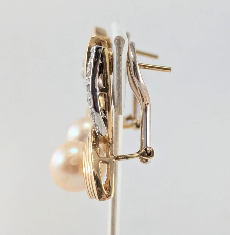 14K Two Tone Yellow and White Gold Approx .50 Ct Diamond and 8mm Pearl Earrings - Image 3 of 4