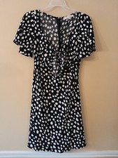 LOFT XS Dress Black White Spotted Polka Tie Front V Neck A Line Flutter Sleeve