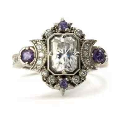 Art Deco Style Lab Created Diamond Wedding Moon Goddess 14K White Gold FN Ring