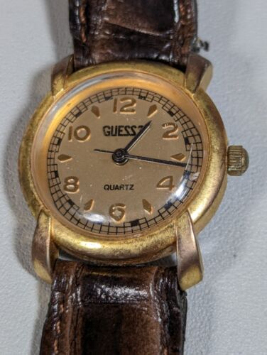 VTG Guess 1987 Gold Tone Dial Round Case Brown Leather Band Watch