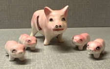 Vintage Bone China Miniature Pig Family Figurines Pink Piglets Japan Set of 5