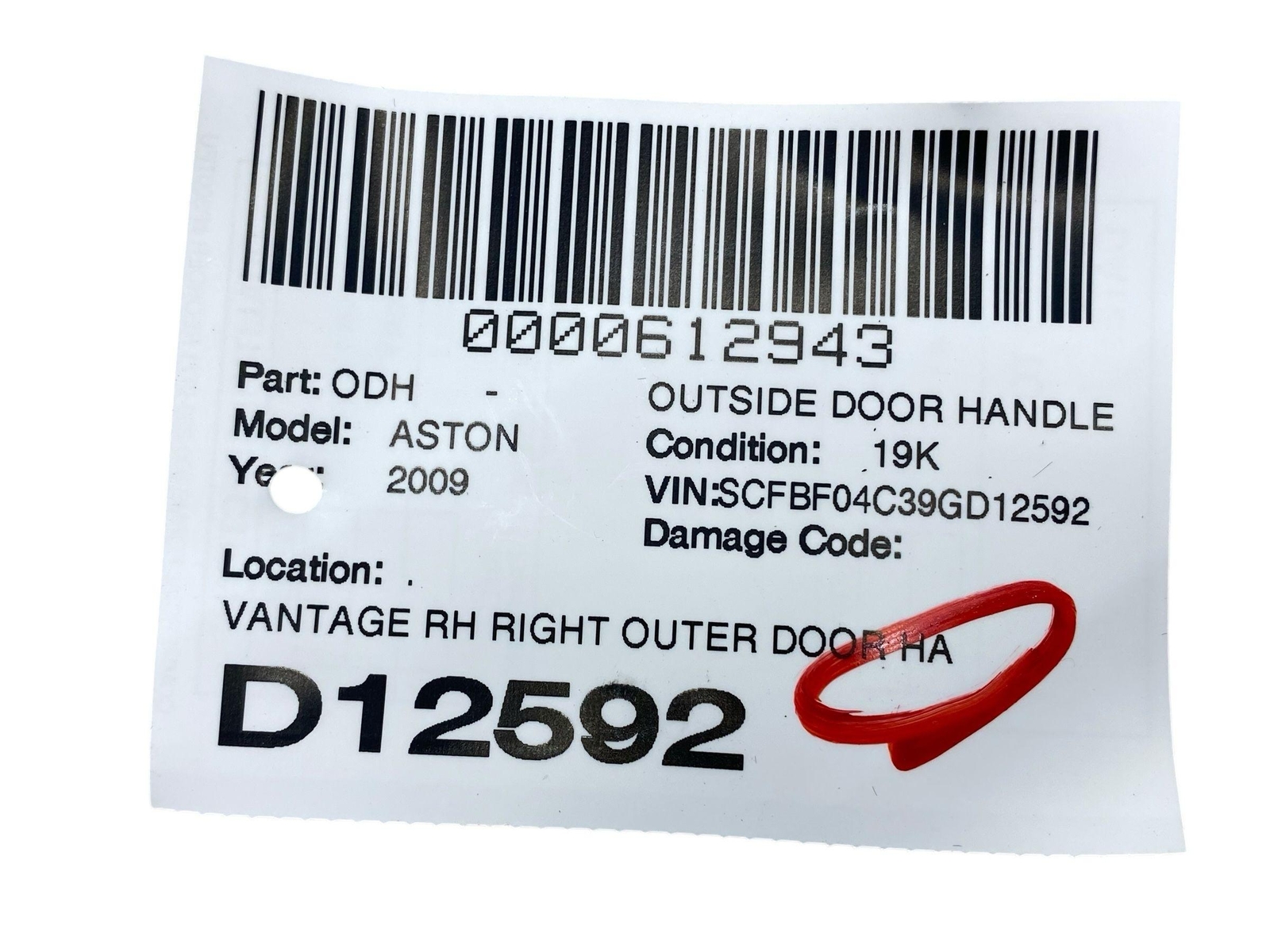 2009 ASTON MARTIN VANTAGE RIGHT OUTER DOOR HANDLE 7G43-226A28-A GLACIAL BLUE