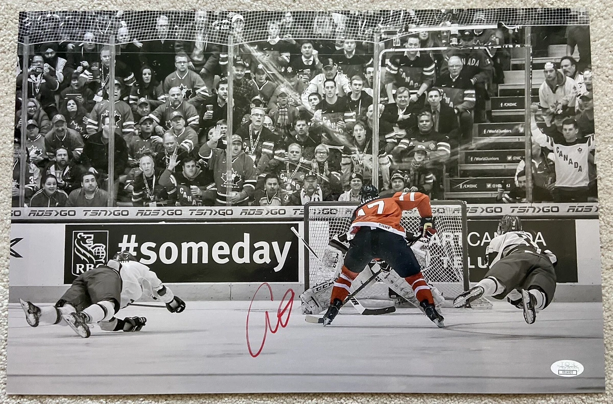 L K Connor McDavid SIGNED 12x18 Metallic Spotlight Canada Goal