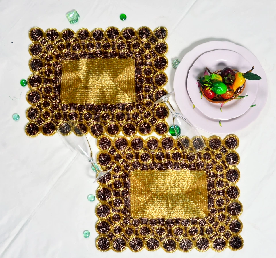 Set Of 6 Placemat Gold And Copper Beaded Placemat Designer Charger Plate 12X14In - Image 3 of 4