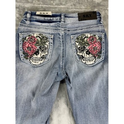 New Women's Jeans SZ 7/28 Low Rise Flare western Skull Embellished Denim Bootcut