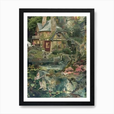 Feenhaus Collage Teich Monet Schrott gerahmtes Wandbild Poster Leinwanddruck Bild