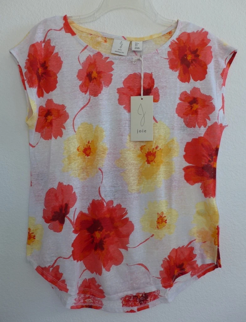 JOIE Women's S M European Flax 100% Linen Slub Knit Rounded Hem Floral Tee Shirt