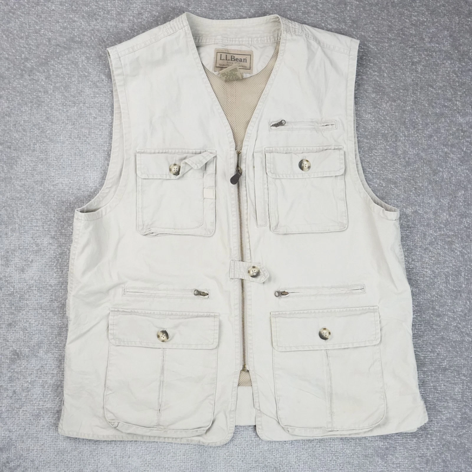 Vintage L.L.Bean Mens Large Beige Sleeveless Full Zip Utility Fishing Vest