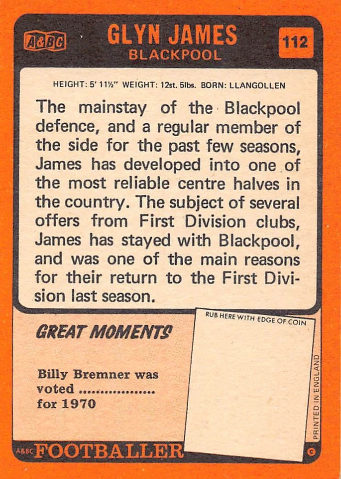 Glyn James Centre Half Blackpool A&BC Football Cards No112 Orange Back - Image 2 of 2