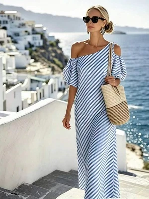 Off Shoulder Stripe Maxi Dress Women Summer Beach Holiday Sundress Long Dress - Image 1 of 4