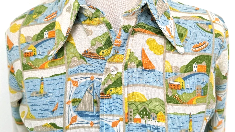 复古 70 年代 LEVI'S "L" 男女通用亚麻衬衫灯塔帆船航海 S 二手状况完好~罕见 * — 第 4/4 张图片