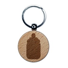 Baby Bottle Solid Engraved Wood Round Keychain Tag Charm