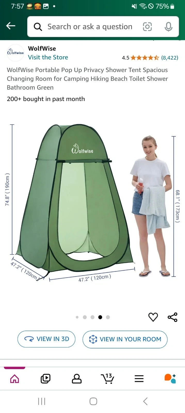 WolfWise Portable Pop-Up Privacy Shower Tent Spacious Changing Room Green