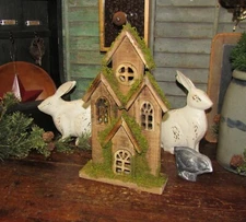 Primitive Antique Vtg Style Spring Garden Fairy Farm House w/Moss Shelf Sitter