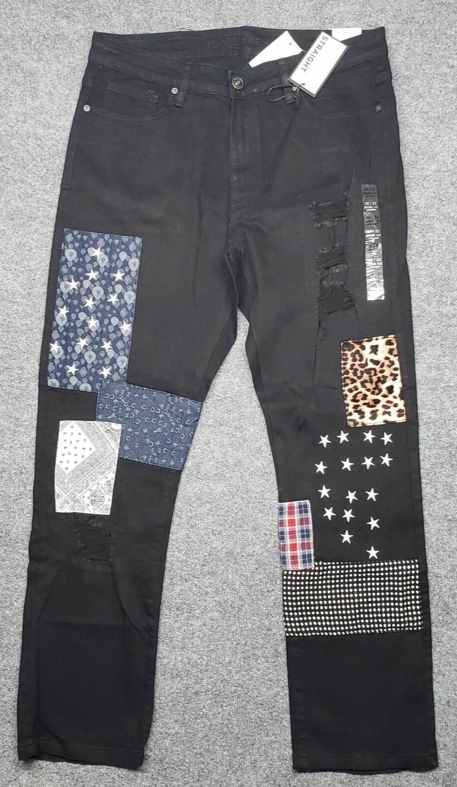 Jean Rue21 homme 36X32 noir denim supreme flex droit patchs vieilli neuf