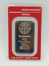 50-Gram Silver Bullion Bar (999) Swiss ASSAY Argor-Heraeus