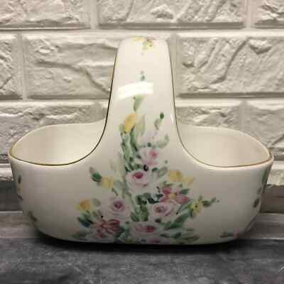 Vintage TELEFLORA GIFT Ceramic Basket Floral Gold Trimmed Collectible Easter 8 