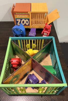 Playskool Toys Lock Up Zoo Circus Cage Gorilla Hippo Elephant Lion Vintage 9 Pc