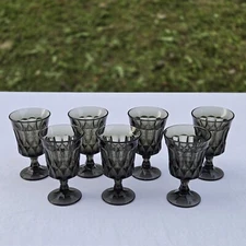 Anchor Hocking Fairfield Glasses Glass Goblet SET OF 7 Smokey Gray Vintage MCM