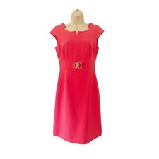 Tahari Arthur Levine Woman's Sz 4 Coral Pink Sheath Dress Gold Belted Front