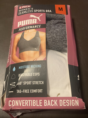 Puma Women's Seamless Performance Support Sports Bra White/Gray 2 PK  Size M