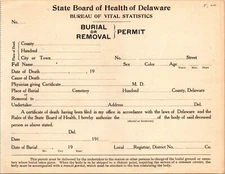 State of Delaware Board of Health 1910s Burial Permit