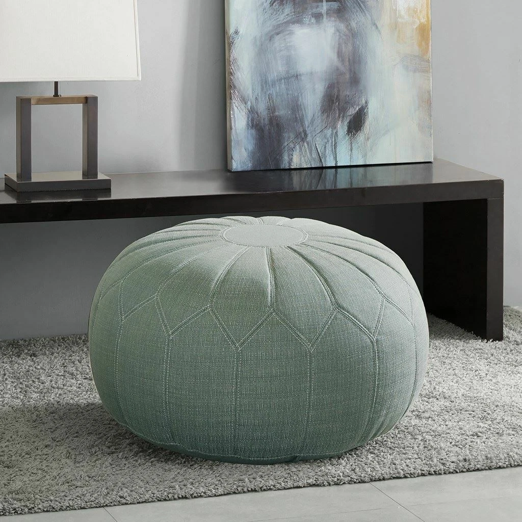 Luxury Seafoam Blue Green Kelsey Oversized Round Pouf Ottoman w