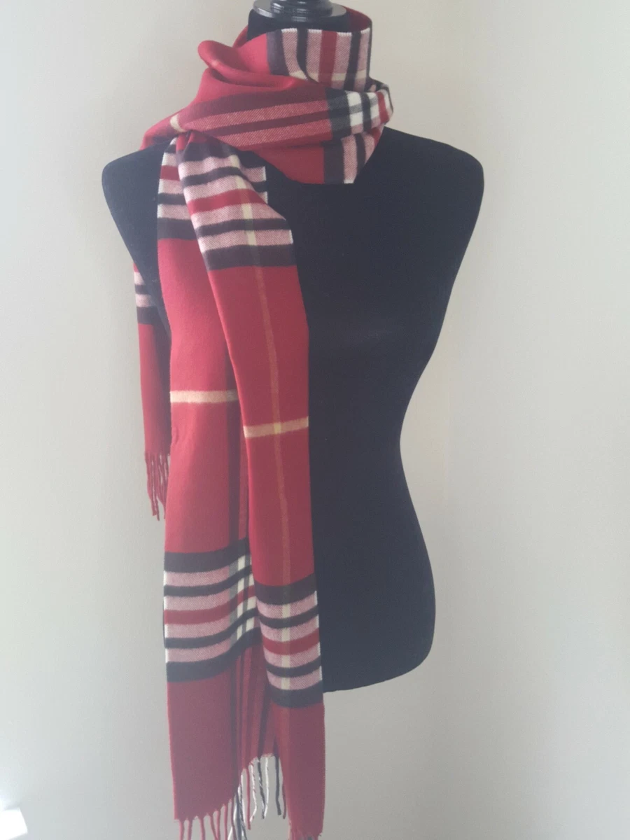 Preston York Red Black White Plaid Scarf Fleece Acrylic Fringe