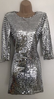 New Glamorous Silver Sequin Summer Festival Clubbing Mini Dress Size S Uk 8 10