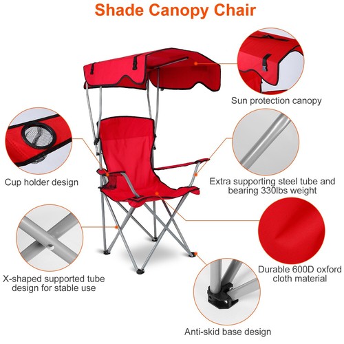 Outdoor Camping Chair 330lbs Folding Portable BBQ Picnic Fishing Beach w/ Canopy - Picture 3 of 39