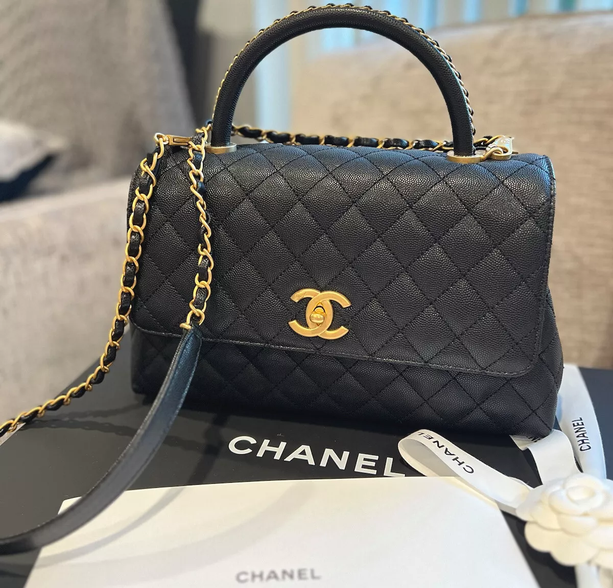 CHANEL classic Coco Top Handle Flap Black Caviar Gold Bag NEW 23P 🔥