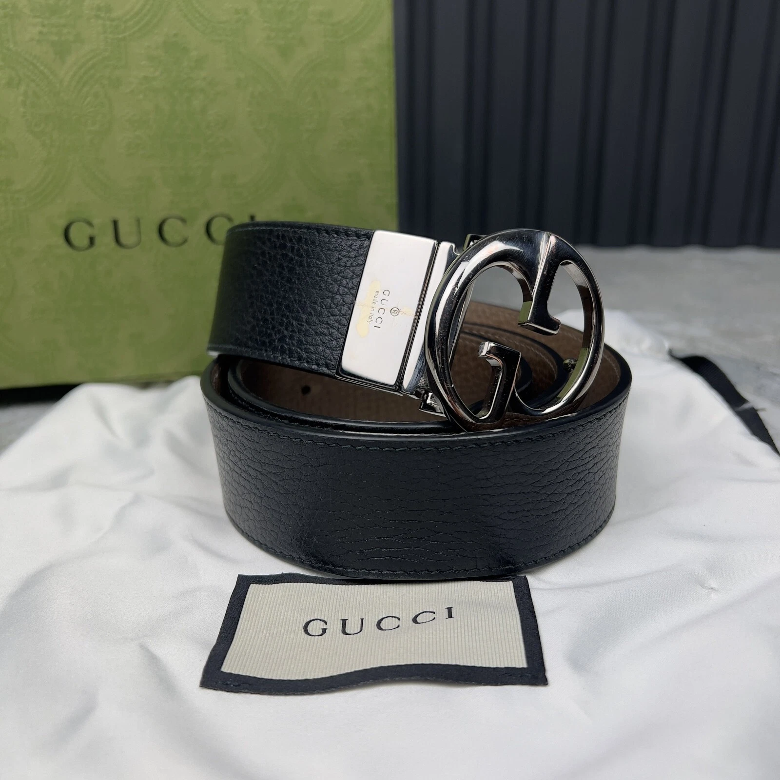 Ceinture réversible Gucci Interlocking GG cuir noir boucle argentée taille 85/34
