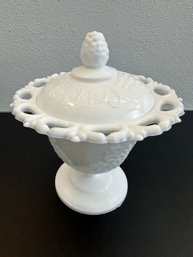 Vintage Indiana Open Lace Milk Glass Harvest Grape Footed Compote & Lid