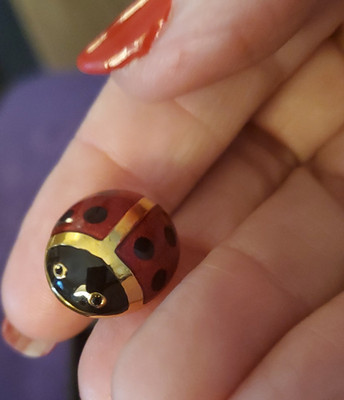 Ladybug Enamel Pin Gold Tone Red Black Clear Crystal Eyes Butterfly Clutch
