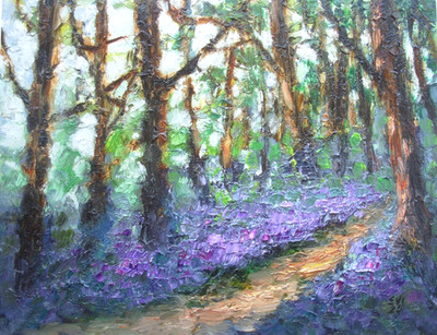 Blaue Glocken Wald Original Ölgemälde Landschaft Wandbild Leinwand Tafel 10x12 Zoll