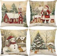 Retro Vintage Christmas Throw Pillow Covers 18x18 inch Set of 4, Snowy Church Sa